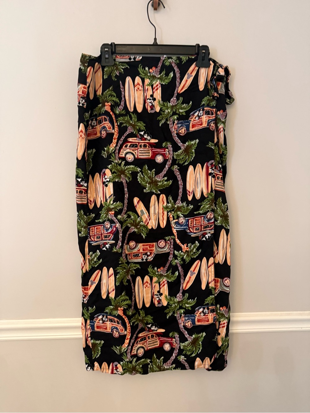 Disney catalog black Mickey Mouse with surfboards pattern wrap sarong skirt.